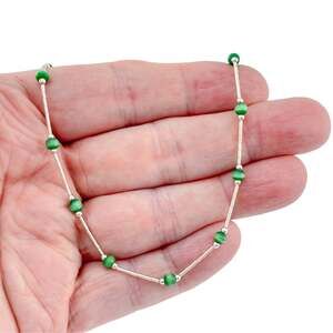 1990's Sterling Silver Green Cat’s Eye Glass Bar-and-Bead Necklace 16 Inches